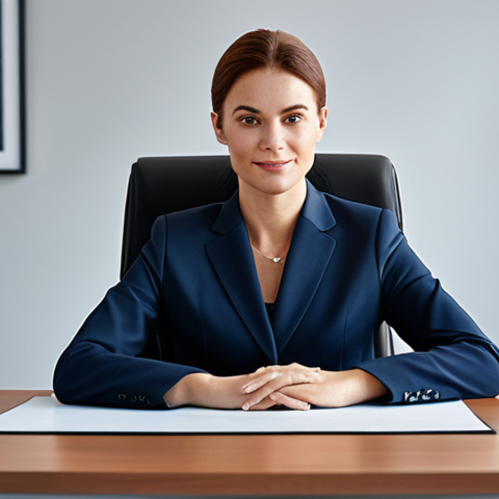 A professional businesswoman in a modest business suit, sitting at a desk in a modern office, fully clothed, appropriate attire, safe for work, perfect anatomy, natural proportions, professional photography, high quality, family-friendly.