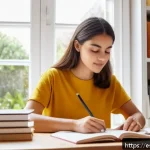 패턴 인식 능력과 기억력의 관계 - A focused young adult woman studying in a bright, tidy Spanish-style home office with natural sunlig...