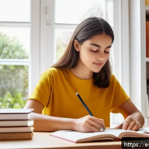 패턴 인식 능력과 기억력의 관계 - A focused young adult woman studying in a bright, tidy Spanish-style home office with natural sunlig...