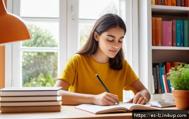 패턴 인식 능력과 기억력의 관계 - A focused young adult woman studying in a bright, tidy Spanish-style home office with natural sunlig...